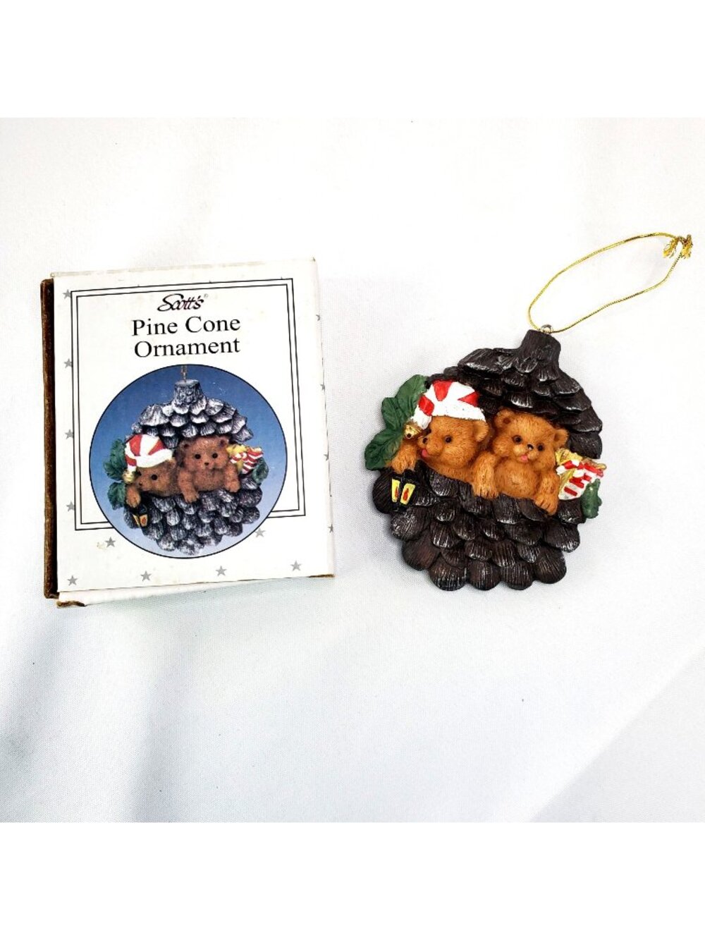 Vintage Scotts Pine Cone Christmas Ornament With Teddy Bears & Holiday Accents
